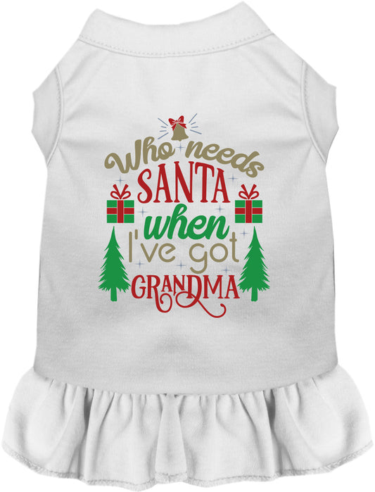 White pet dress with 'Who needs Santa when I've got Grandma' design