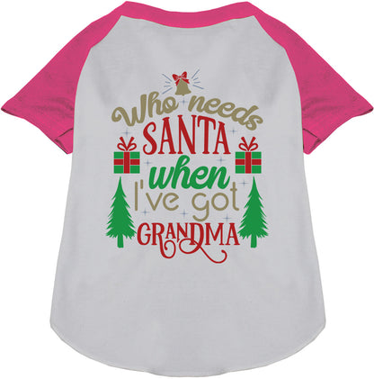 Pink and white pet raglan shirt with 'Who needs Santa' text