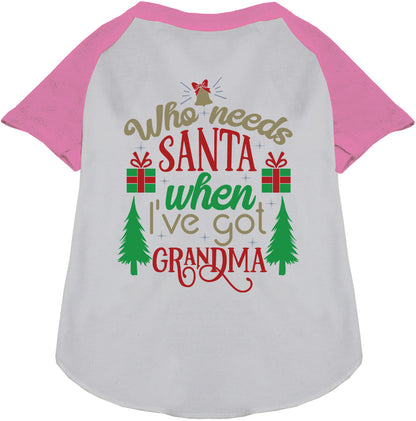 Light pink and white pet raglan shirt with 'Who needs Santa' text