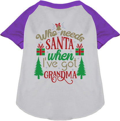 Purple and white pet raglan shirt with 'Who needs Santa' text