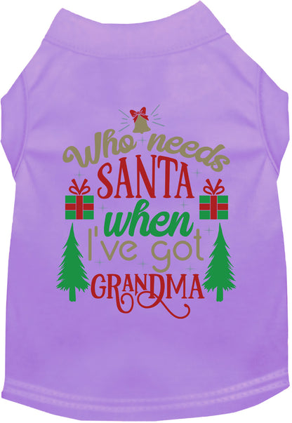 Light purple pet shirt with 'Who needs Santa when I've got Grandma' design