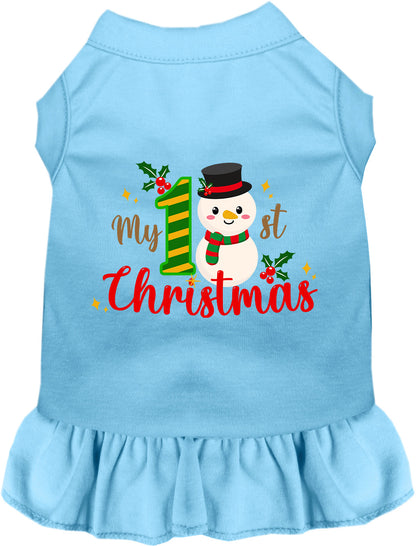 Blue My 1st Christmas pet dress with snowman design