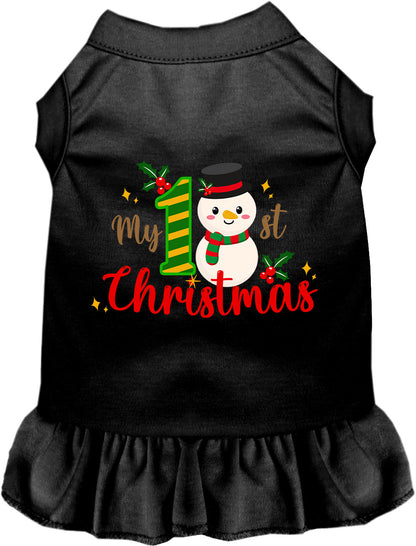 Black My 1st Christmas pet dress with snowman design