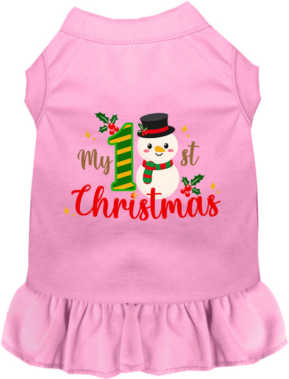 Pink My 1st Christmas pet dress with snowman design