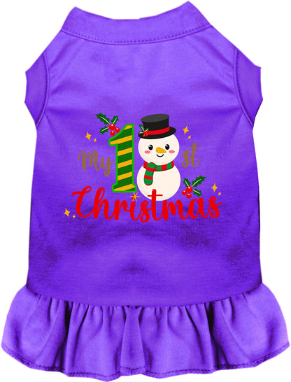 Purple My 1st Christmas pet dress with snowman design