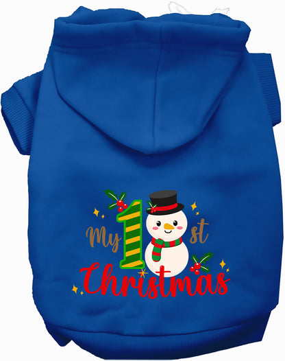 Blue My 1st Christmas Pet Hoodie with snowman design