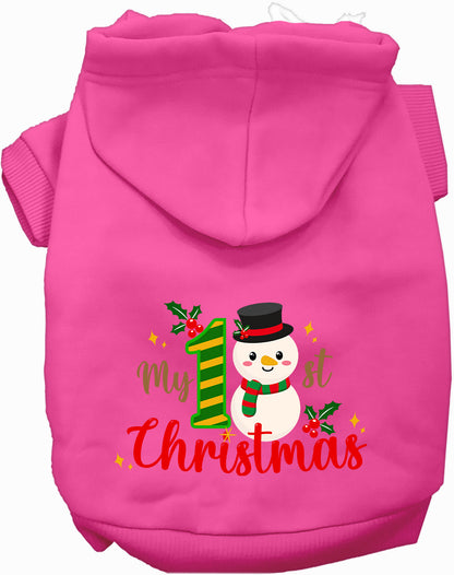 Pink My 1st Christmas Pet Hoodie with snowman design