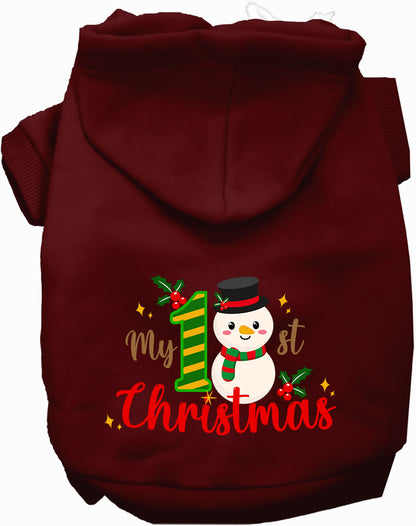 Maroon My 1st Christmas Pet Hoodie with snowman design