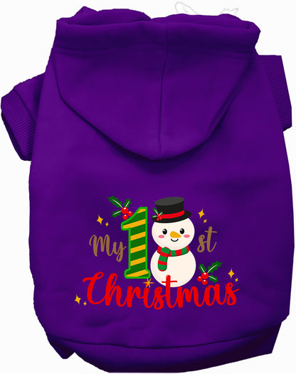 Purple My 1st Christmas Pet Hoodie with snowman design