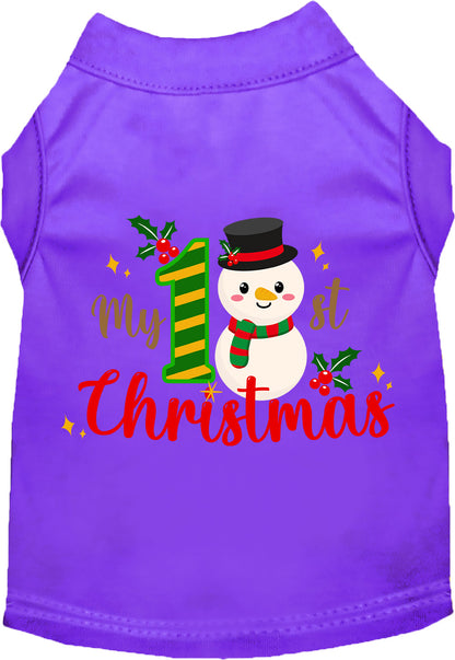 Purple My 1st Christmas pet shirt with snowman design