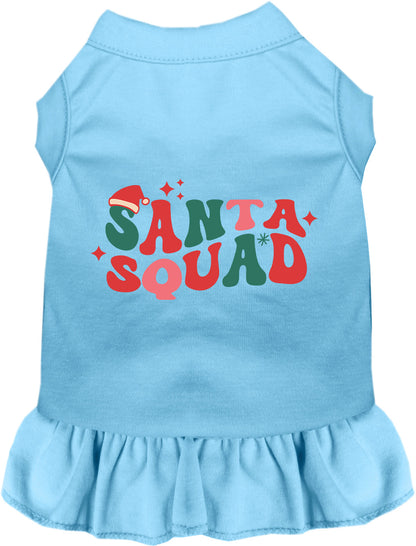 Blue Santa Squad pet dress with festive lettering