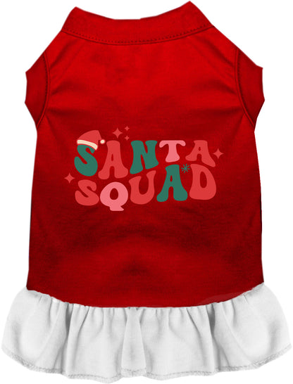 Red pet dress with white skirt and Santa Squad design