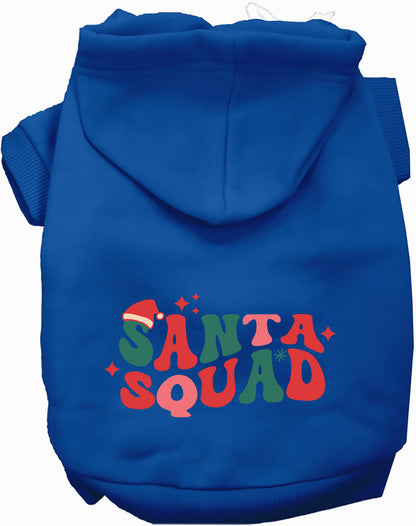 Blue Santa Squad pet hoodie with festive design