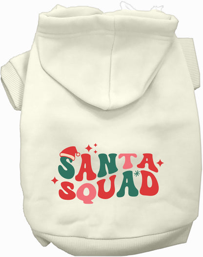 White Santa Squad pet hoodie with festive design