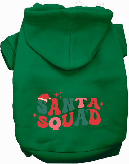 Green Santa Squad pet hoodie with festive design