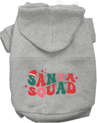 Gray Santa Squad pet hoodie with festive design