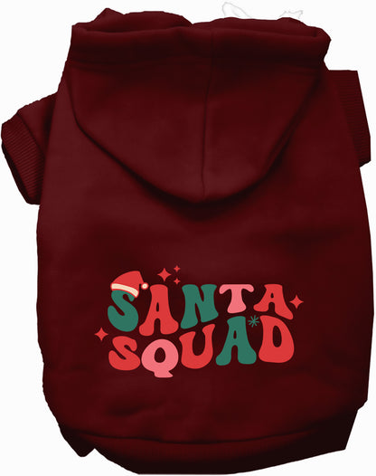 Maroon Santa Squad pet hoodie with festive design