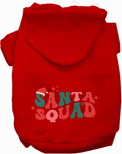 Red Santa Squad pet hoodie with festive design