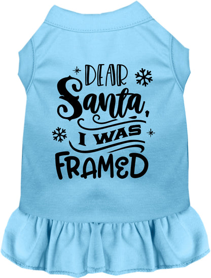 Blue pet dress with 'Dear Santa, I was Framed' design