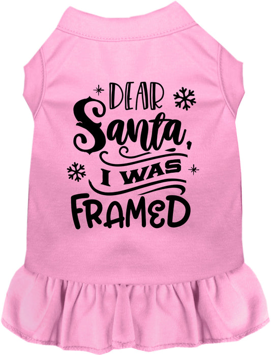 Pink pet dress with 'Dear Santa, I was Framed' design