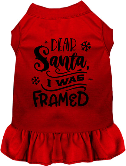 Red pet dress with 'Dear Santa, I was Framed' design