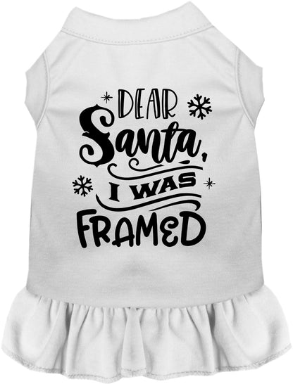 White pet dress with 'Dear Santa, I was Framed' design