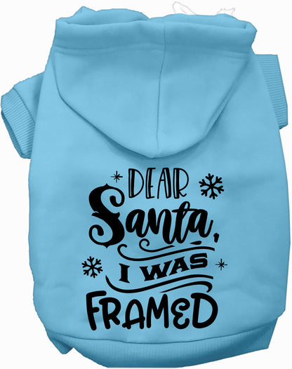 Light blue 'I was Framed!' pet hoodie with Santa design