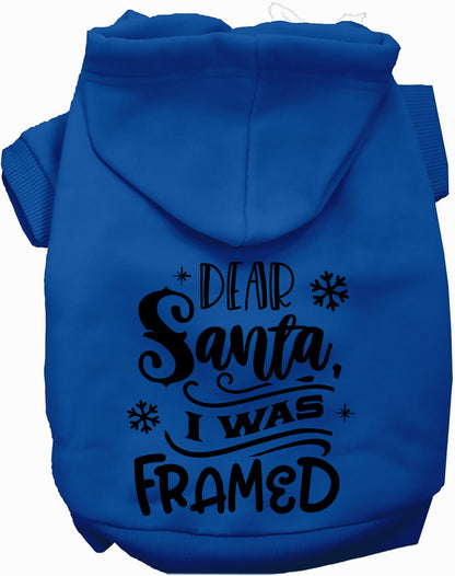 Blue 'I was Framed!' pet hoodie with Santa design