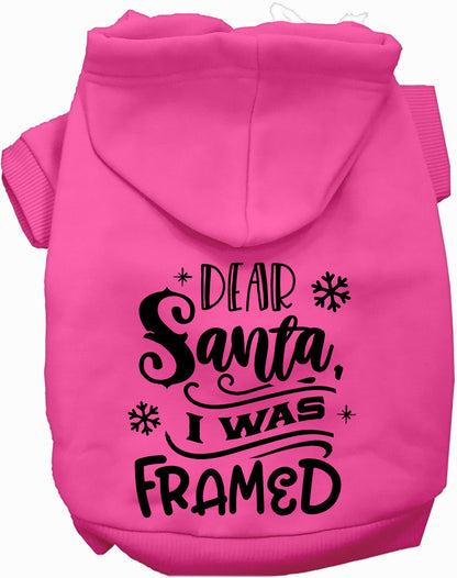 Pink 'I was Framed!' pet hoodie with Santa design