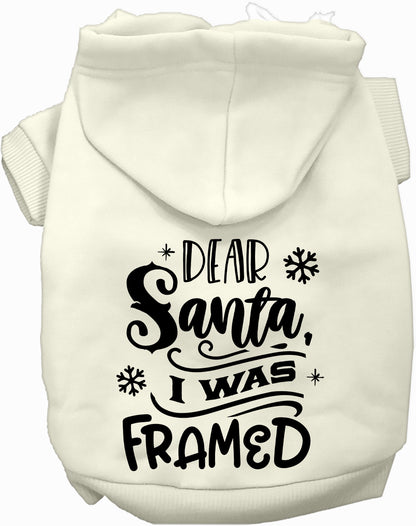 White 'I was Framed!' pet hoodie with Santa design