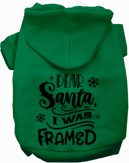 Green 'I was Framed!' pet hoodie with Santa design