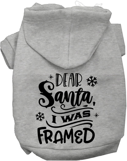 Gray 'I was Framed!' pet hoodie with Santa design