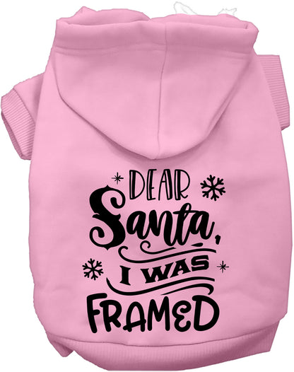 Light pink 'I was Framed!' pet hoodie with Santa design