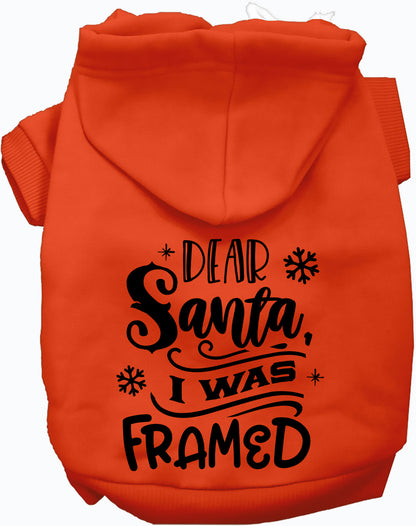 Orange 'I was Framed!' pet hoodie with Santa design