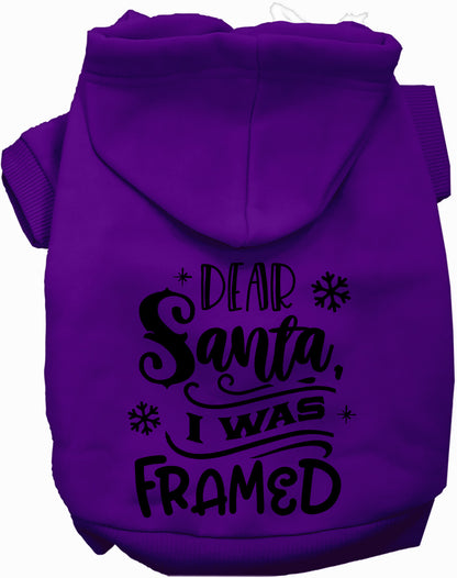 Purple 'I was Framed!' pet hoodie with Santa design