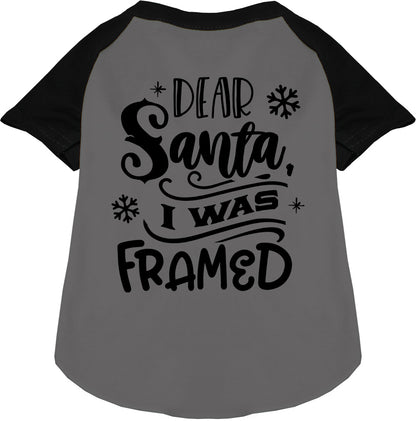 Black sleeve pet raglan shirt with 'Dear Santa, I was Framed' text