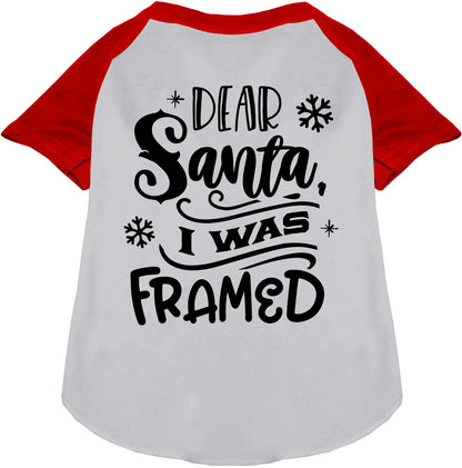 Red sleeve pet raglan shirt with 'Dear Santa, I was Framed' text