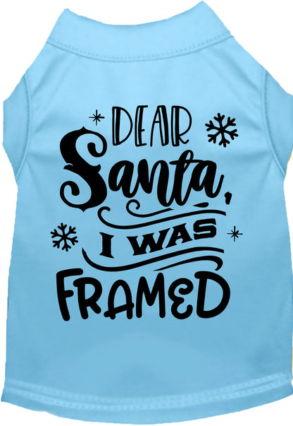 Light blue pet shirt with 'Dear Santa, I was Framed' design