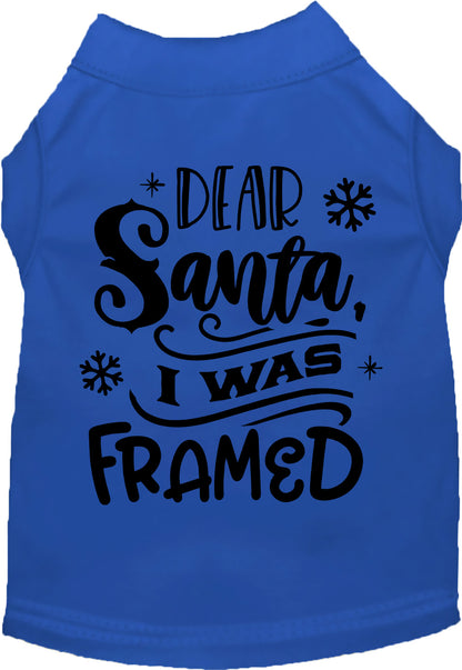 Blue pet shirt with 'Dear Santa, I was Framed' design