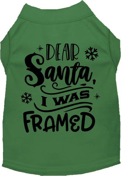 Green pet shirt with 'Dear Santa, I was Framed' design