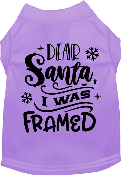 Lavender pet shirt with 'Dear Santa, I was Framed' design