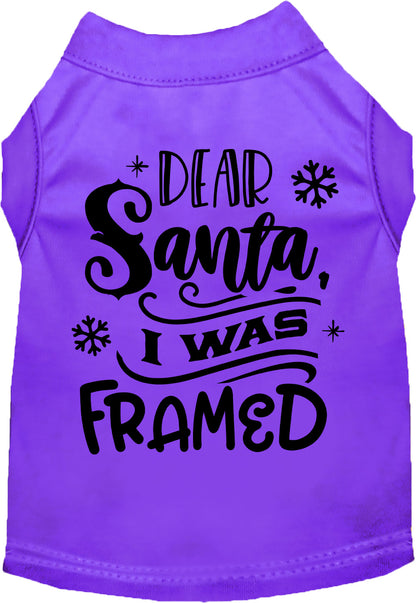 Purple pet shirt with 'Dear Santa, I was Framed' design