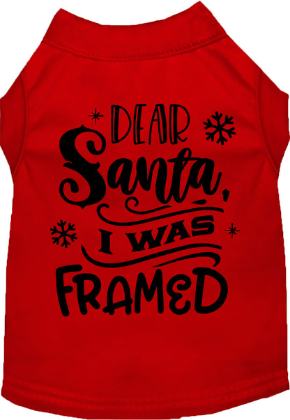 Red pet shirt with 'Dear Santa, I was Framed' design