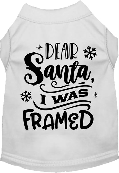 White pet shirt with 'Dear Santa, I was Framed' design