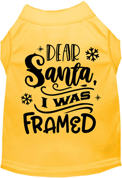 Yellow pet shirt with 'Dear Santa, I was Framed' design