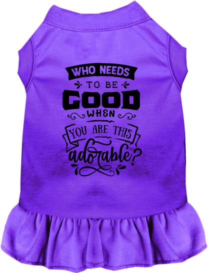 Purple pet dress with 'Who Needs to be Good?' design