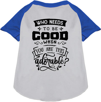 Blue sleeve pet raglan shirt with 'Who Needs to be Good?'