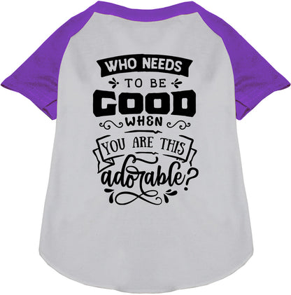 Purple sleeve pet raglan shirt with 'Who Needs to be Good?'