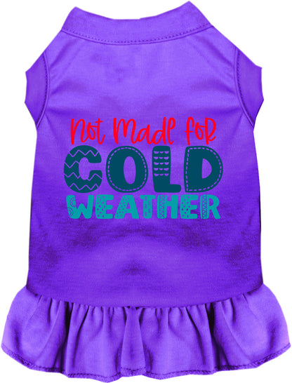 Purple pet dress with 'Not Made for Cold Weather' text