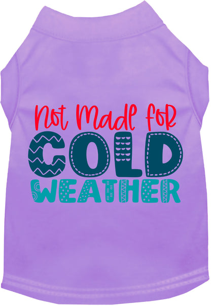 Purple pet shirt with 'Not Made for Cold Weather' design